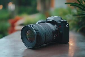 Camera resting on a surface, showcasing its design. photo