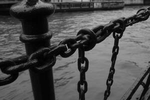 Close-up of a chain linked to a railing by the water. photo