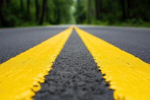 Close-up of a yellow striped road in a green forest. photo