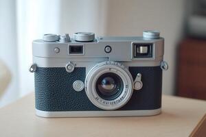 Classic camera with vintage design on a wooden table. photo