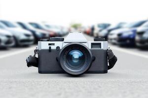 Camera positioned in a parking lot with cars in background. photo