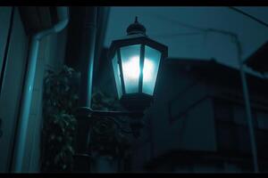 A vintage street lamp illuminating a quiet evening scene. photo