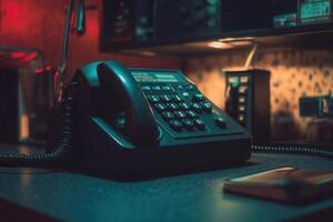 A vintage telephone on a desk in a dimly lit room. photo