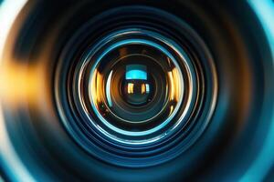 Close-up of a camera lens showcasing intricate details. photo
