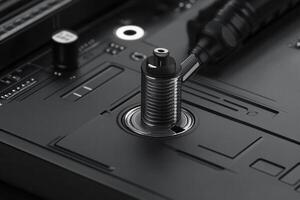 Close-up of a threaded connector on a circuit board. photo