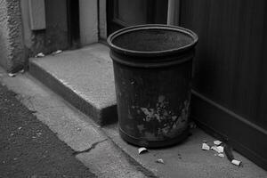 A worn trash can beside a building entrance. photo