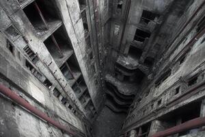 Abandoned elevator shaft in a decaying building. photo