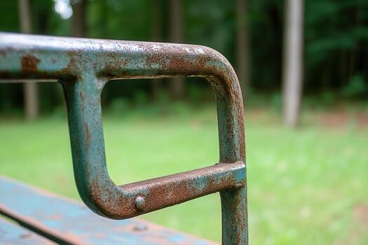 Close-up of a rusty bench handle in a green park. photo