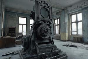 Abandoned industrial machine in a derelict room. photo