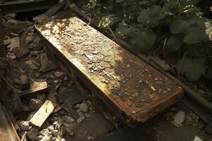 A weathered, dusty wooden surface in an overgrown area. photo