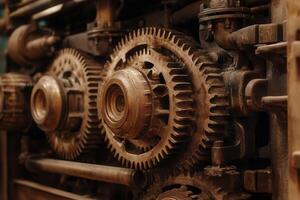 Close-up of aged industrial gears and machinery components. photo