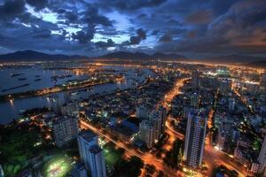 Aerial view of a vibrant cityscape at dusk. photo