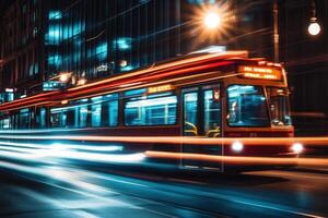 Blurred city tram in motion at night. photo