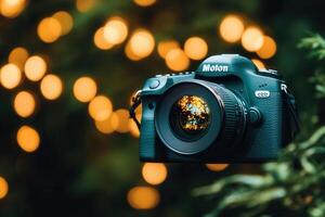 Camera with blurred lights in the background. photo