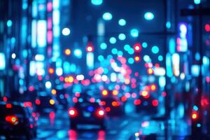 Blurry city street at night with colorful lights. photo