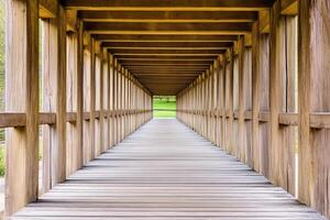 A wooden walkway leading through a structured passage. photo