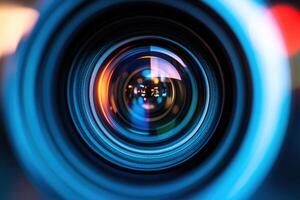 Close-up of a camera lens showcasing reflections and details. photo