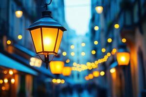 Charming street lanterns illuminating a cozy alleyway. photo