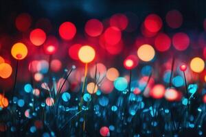 Abstract colorful bokeh lights over grassy background. photo