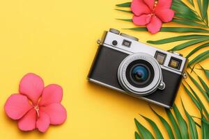 Camera surrounded by tropical flowers and leaves. photo