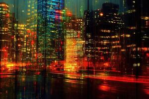Abstract cityscape with vibrant lights and reflections. photo