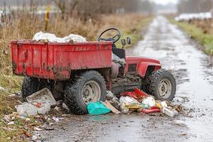 Abandoned red tractor surrounded by scattered garbage. photo