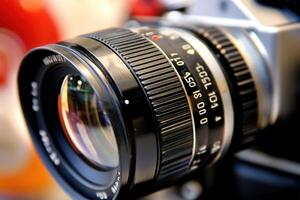Close-up of a camera lens showcasing photography equipment. photo