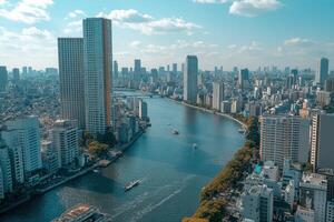 Aerial view of a city skyline by a river. photo