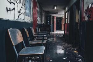 Abandoned hallway with scattered debris and chairs. photo