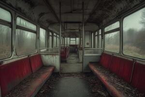 Abandoned train interior with red seats and decay. photo