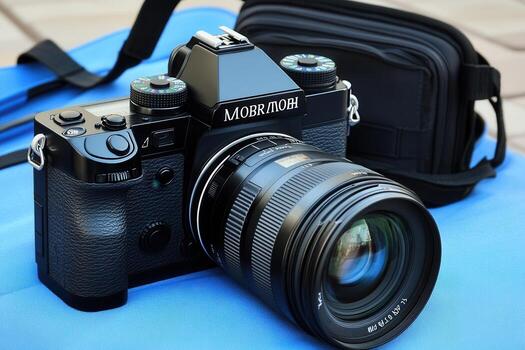 Camera with lens on a blue surface and bag. photo