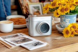 Camera on a table with flowers and snacks. photo