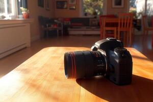 Camera on a wooden table with a cozy background. photo