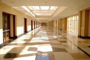 Bright corridor with polished floors and natural light. photo
