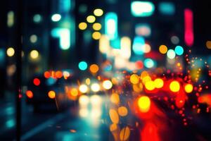 Blurry city lights create a vibrant night atmosphere. photo