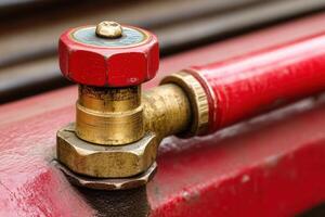 Close-up of a red valve and brass fitting. photo