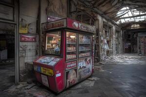 Abandoned vending machine in a dilapidated space. photo