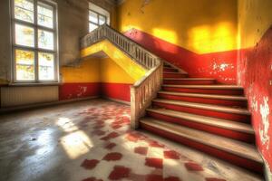 Abandoned staircase with colorful peeling paint. photo