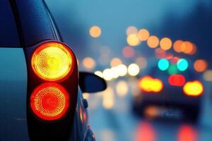 Close-up of a car's brake light in rainy traffic. photo