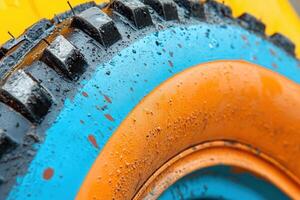 Close-up of a colorful tire with mud splatters. photo