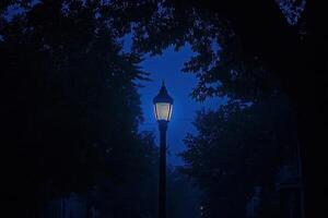 A solitary street lamp glowing in a foggy night scene. photo