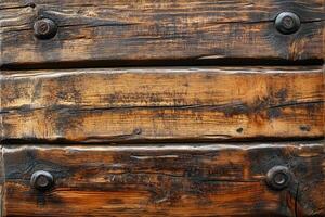 Close-up of weathered wooden planks with metal fasteners. photo