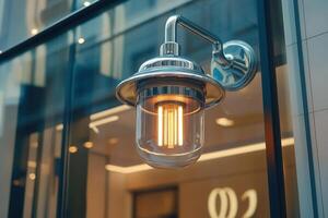 A stylish outdoor lamp illuminating a modern storefront. photo
