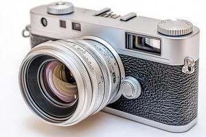 A vintage-style camera with a silver lens and textured body. photo