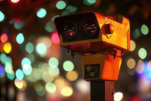 A vintage camera-like device with colorful bokeh lights. photo