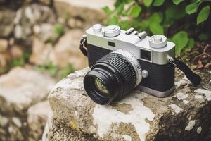 A vintage camera resting on a stone surface outdoors. photo