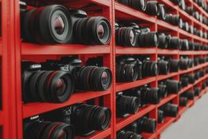 A wall of cameras organized on red shelves. photo