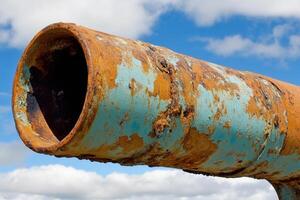 Close-up of a rusted metal pipe against a cloudy sky. photo