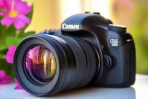 Camera with lens reflecting a colorful scene. photo