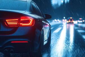 Car driving in the rain on a reflective road. photo